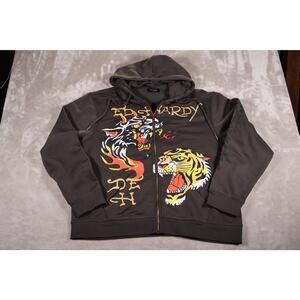 Ed Hardy Hoodie Mens XL Charcoal Full Zip Tiger Graphic Tattoo Style DEH Hellcat